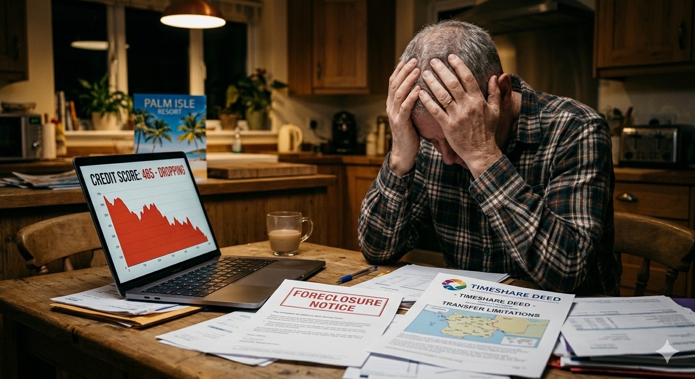 Stressed man facing foreclosure notice and dropping credit score