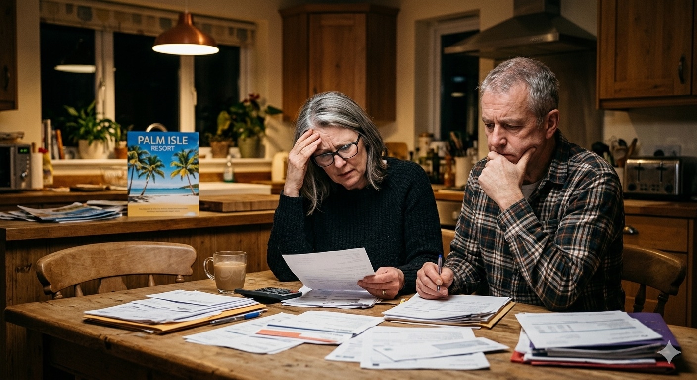 Worried couple reviewing timeshare bills at kitchen table