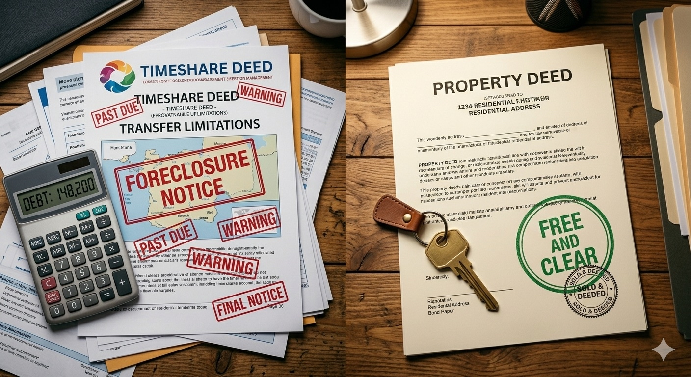 Split comparison of timeshare mortgage with foreclosure warnings versus clean property deed