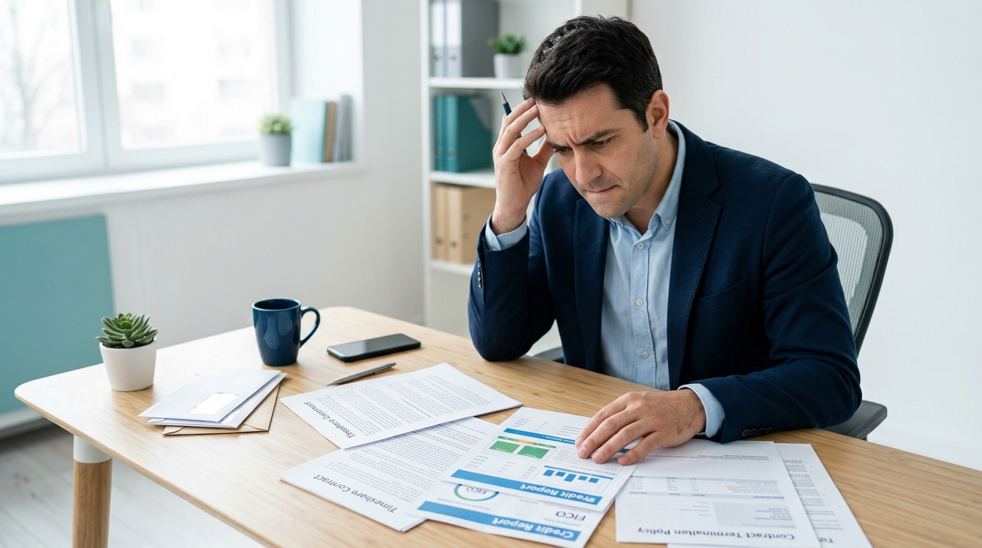 Worried person reviewing credit report and timeshare documents at a desk