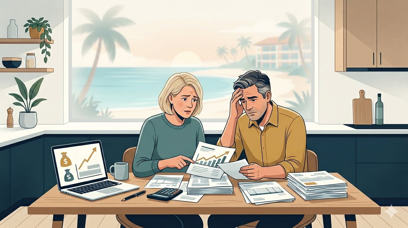 Concerned couple reviewing rising timeshare maintenance fees and bills
