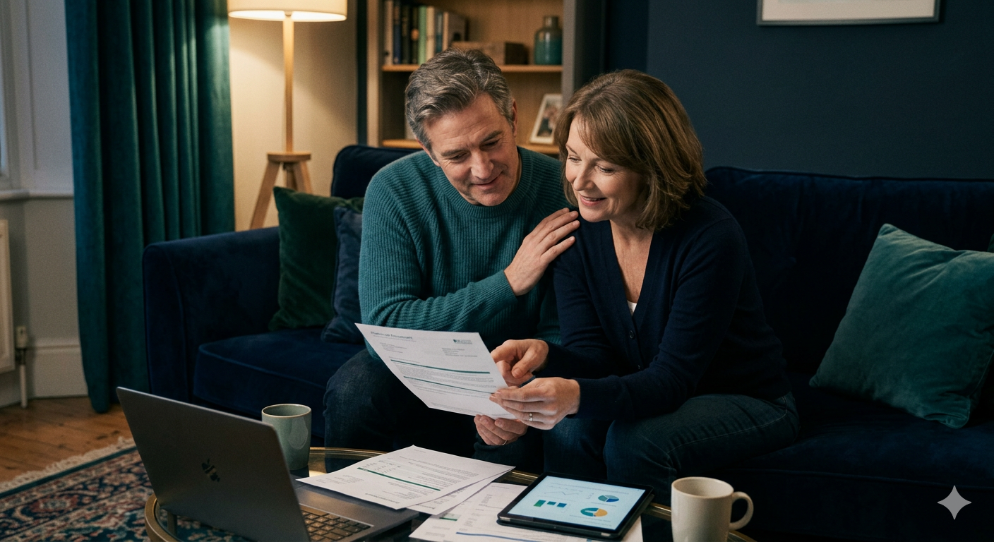Couple reviewing timeshare documents together on the couch